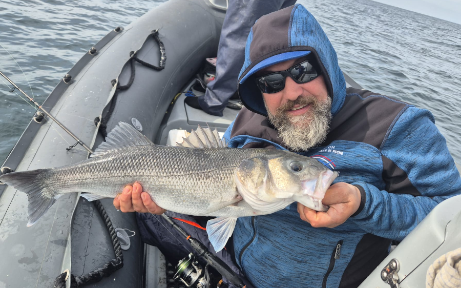 Guide de pêche sur bateau en mer à la rochelle avec un gros bar